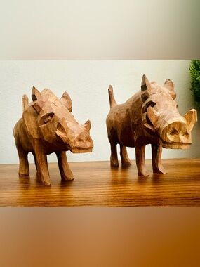 Vintage African Hand Carved Wooden Warthog Figurines x2 From Kenya Africa - Mint